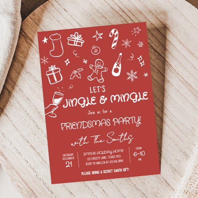 Convite Funky Hand Desenhou Jingle e a Festa de Natal de M (Jingle and Mingle Hand Drawn Christmas Party Invitation)