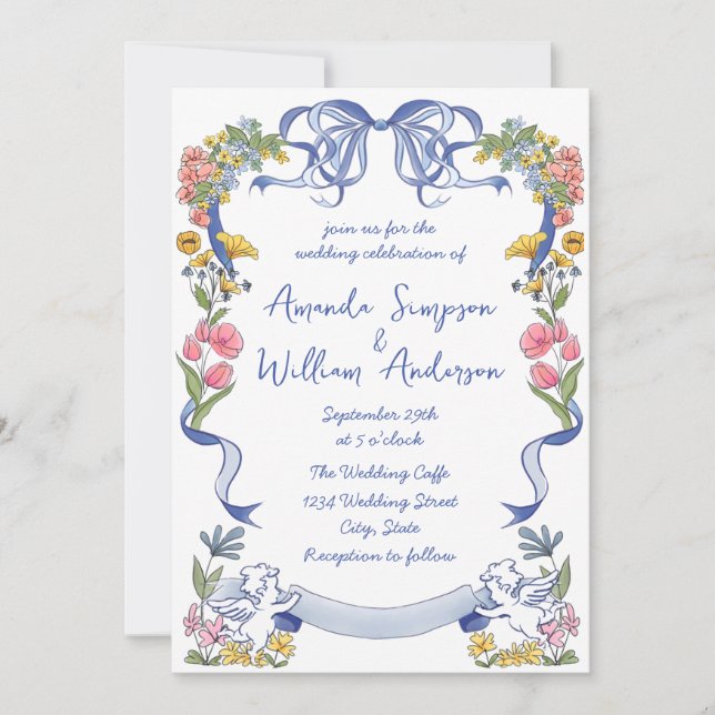 Convite Funky Hand Drawn Retro Casamento (Frente)