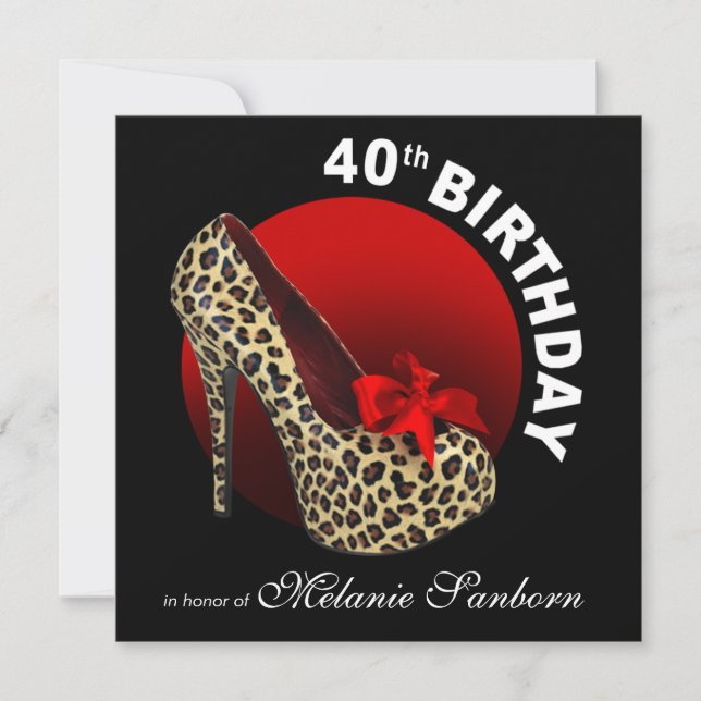Convite Funky Leopardo Stiletto aniversário de 40 anos ver (Frente)
