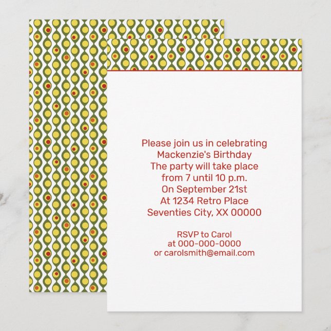 Convite Funky Retro Oliva Contas Cores Personalizadas Padr (Frente/Verso)