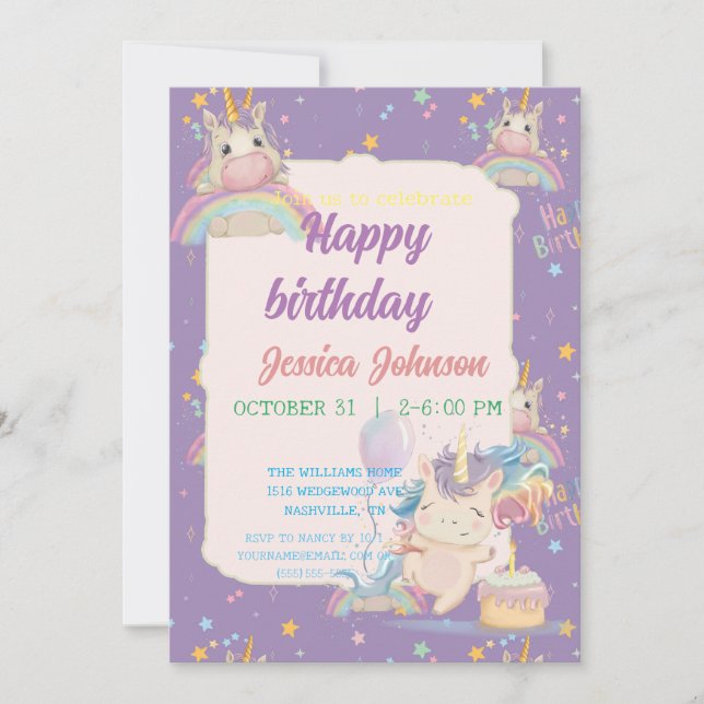 Convite Funny Birthday Unicorn (Frente)