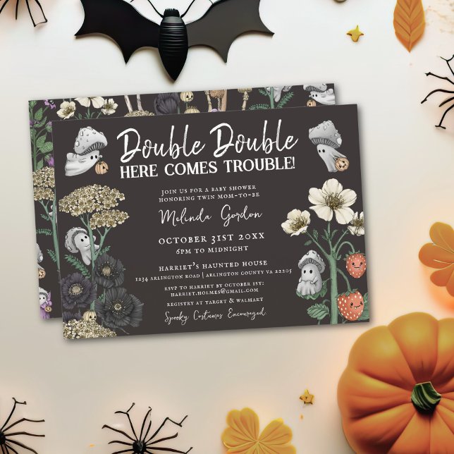 Convite Funny Black Halloween Fantasmas Chá de fraldas Gêm (Double Double Here comes trouble twin baby shower invitations for Halloween theme baby shower)