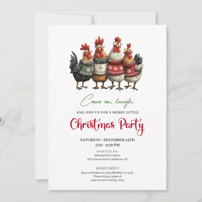 Convite Funny Chickens Minimalist Red Green Holiday Invite (Frente)
