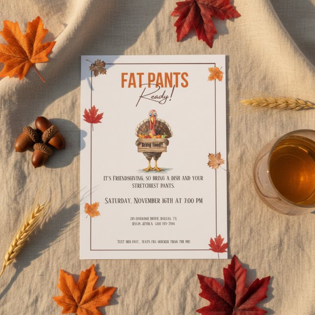 Convite Funny Friendsgiving Invitation Fat Pants Ready (Funny friendsgiving invitation with fat pants ready turkey illustration and fall colors)
