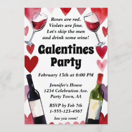 Convite Funny Galentine Wine Hearts Girls Night