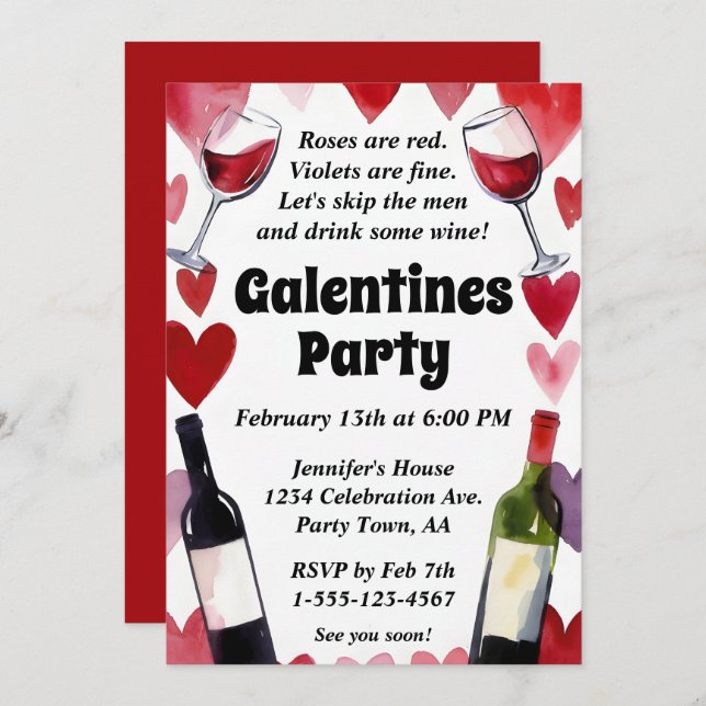 Convite Funny Galentine Wine Hearts Girls Night (Frente/Verso)