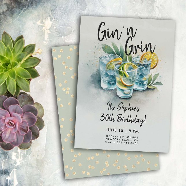 Convite Funny Gin n Grin Drinks Partido aniversário de 30  (funny 30 birthday invitations for women gin grin cocktails hour party watercolor modern chic classy)