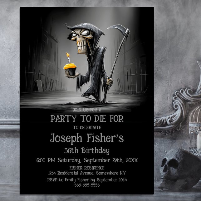 Convite Funny Grim Reaper with Cupcake Birthday Party (Criador carregado)
