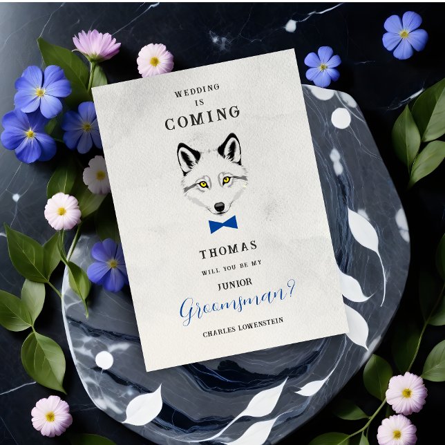 Convite Funny Groomsman Blue Bow Tie Wedding Proposal  (Junior Groomsman Proposal Card with Blue Bow Tie and Grey Shades Design.)
