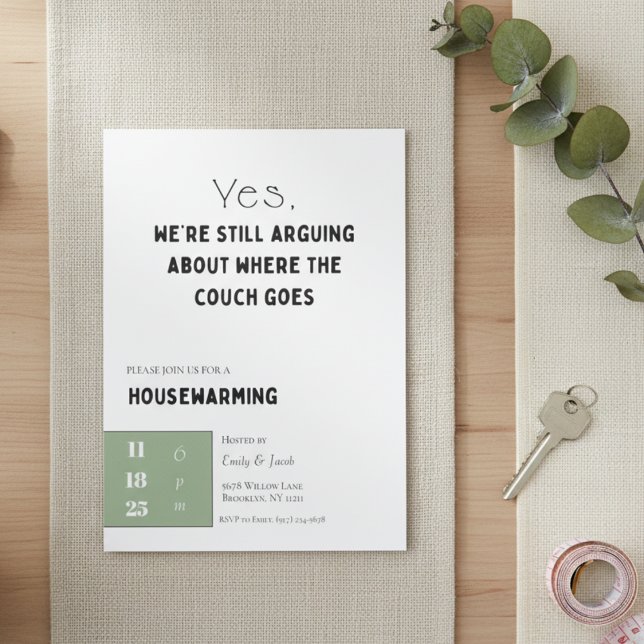 Convite Funny Housewarming Invitation • Couch Quote Design (Funny housewarming invitation flat lay on linen and wood with eucalyptus and house keys.)