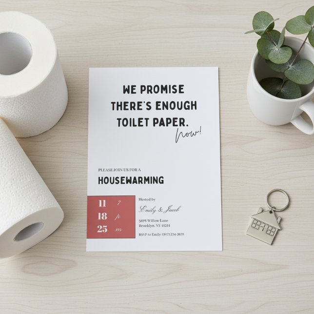 Convite Funny Housewarming Invitation • Toilet Paper Quote (Funny housewarming invitation flat lay with toilet paper, green leaves and keychain on light wood.)