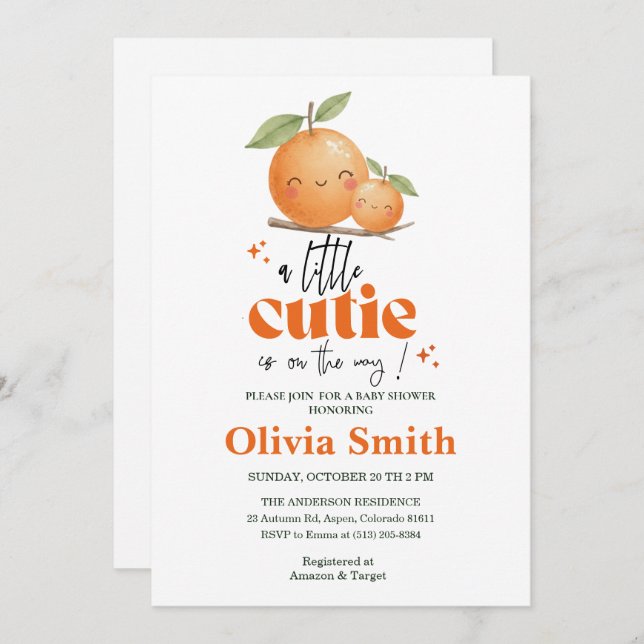 Convite funny Little Cutie orange baby shower (Frente/Verso)