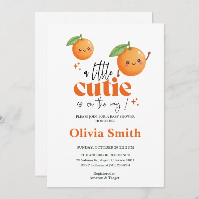 Convite funny Little Cutie orange baby shower (Frente/Verso)