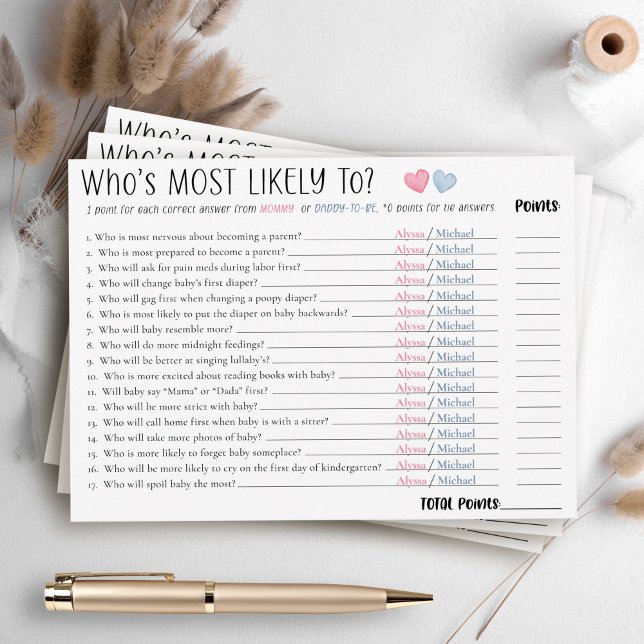 Convite Funny Most Likely To Couples Baby Shower Game Card (Funny cute Who's Most Likely To mommy-to-be and daddy personalized name fun couple shower game card)