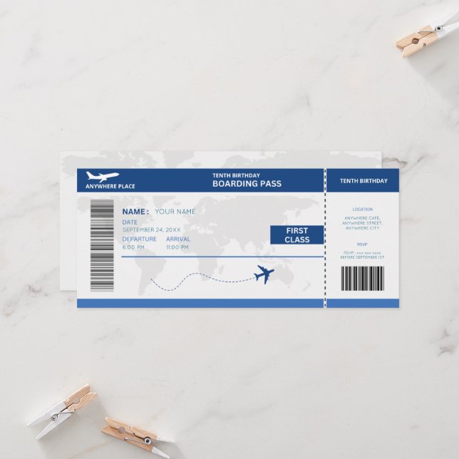 Convite Funny passport, boarding pass ticket 10th birthday (Frente/Verso In Situ)