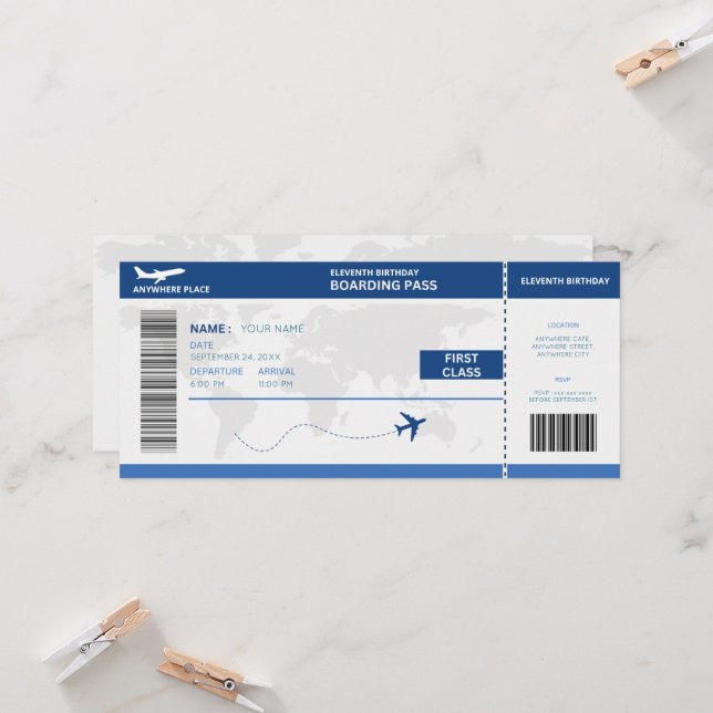 Convite Funny passport, boarding pass ticket 11th birthday (Frente/Verso In Situ)