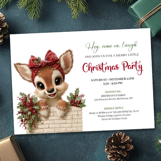 Convite Funny peeking reindeer holiday kids party invites (Funny peeking reindeer holiday kids party invitation)