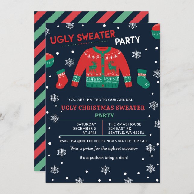 Convite Funny Red Green Ugly Christmas Sweater Party (Frente/Verso)