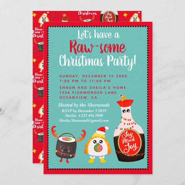 Convite Funny Red Kawaii Sushi Festa de Natal Festiva (Frente/Verso)