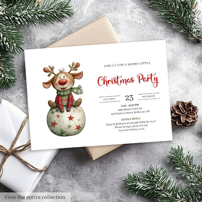 Convite Funny Reindeer festive watercolor holiday invites (Funny Reindeer festive watercolor holiday invitation)