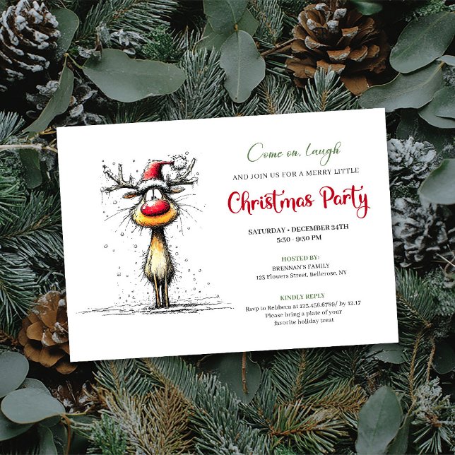 Convite Funny Reindeer Hand Drawn Holiday Party Card (Funny Reindeer Hand Drawn Holiday Party Card)