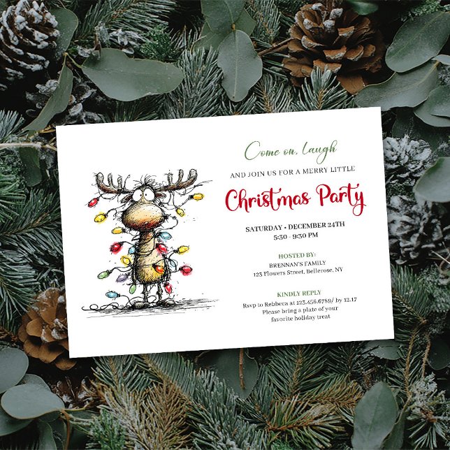 Convite Funny Reindeer Watercolor Christmas Party Card (Funny Reindeer Watercolor Christmas Party Card)
