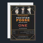 Convite Funny Triplets Pacifier Posse Wild West Birthday<br><div class="desc">Uma ilustração de três bebês, vestindo fraldas, pacificadores e roupas de tamanho maior e parecendo personagens Wild West, é a peça central desse primeiro convite de aniversário divertido e tão bonito para trigêmeos! Eles são o "Pé Pacificador" e são perigosamente fofos. UMA NOTA DO ARTISTA: tanto meu irmão quanto minha...</div>
