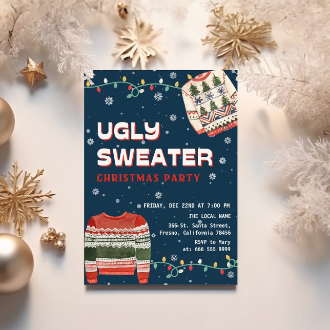 Convite Funny Ugly Sweater Christmas Party (Funny ugly sweater blue christmas party invitation)