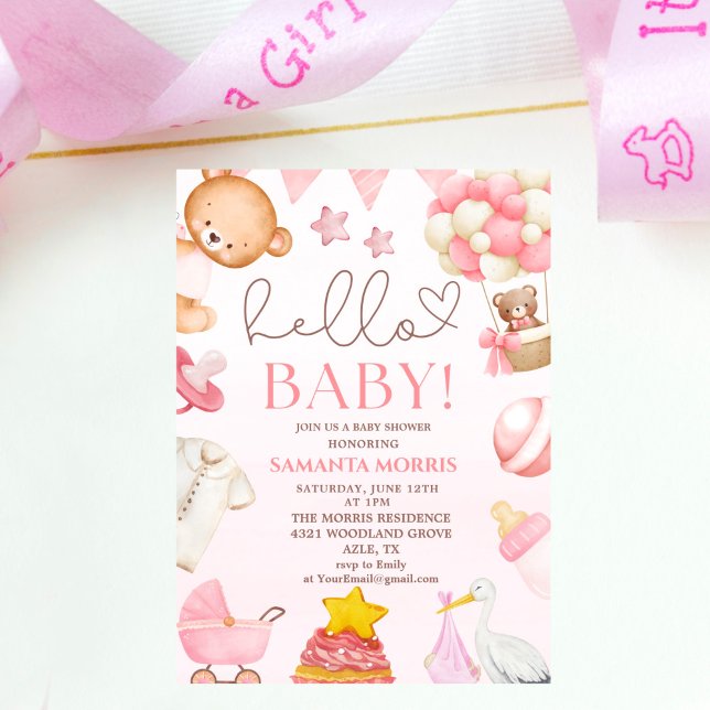 Convite funny watercolor pink teddy bear girl baby shower  (Criador carregado)