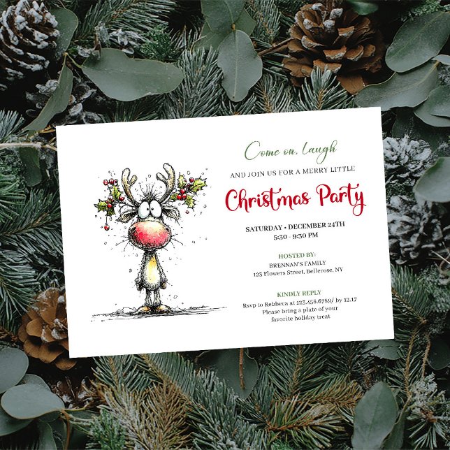Convite Funny watercolor reindeer Christmas party invite (Whimsical Reindeer Christmas Party Invite Design)