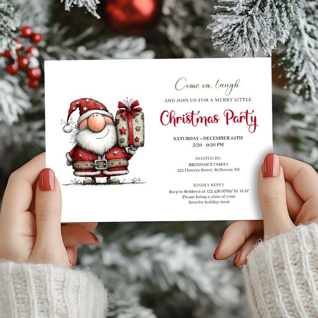 Convite Funny watercolor Santa Christmas party invitation (Whimsical Red Green Funny Santa Party Invitation)