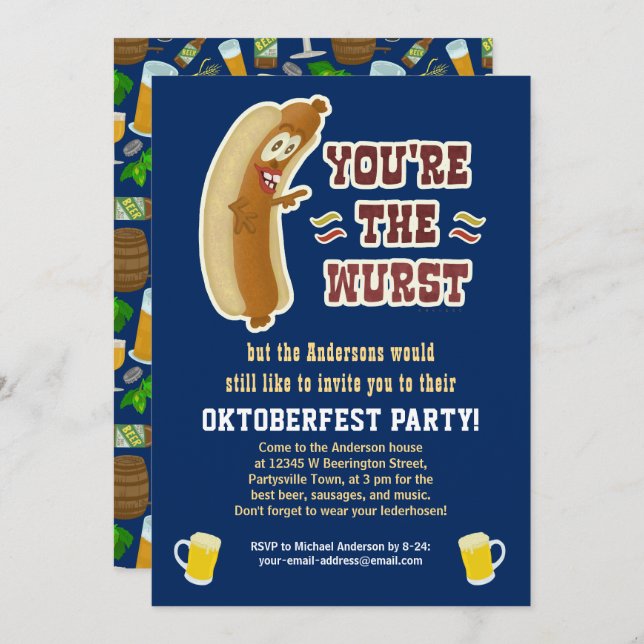 Convite Funny Wurst Bratwurst Oktoberfest Humor com Cervej (Frente/Verso)
