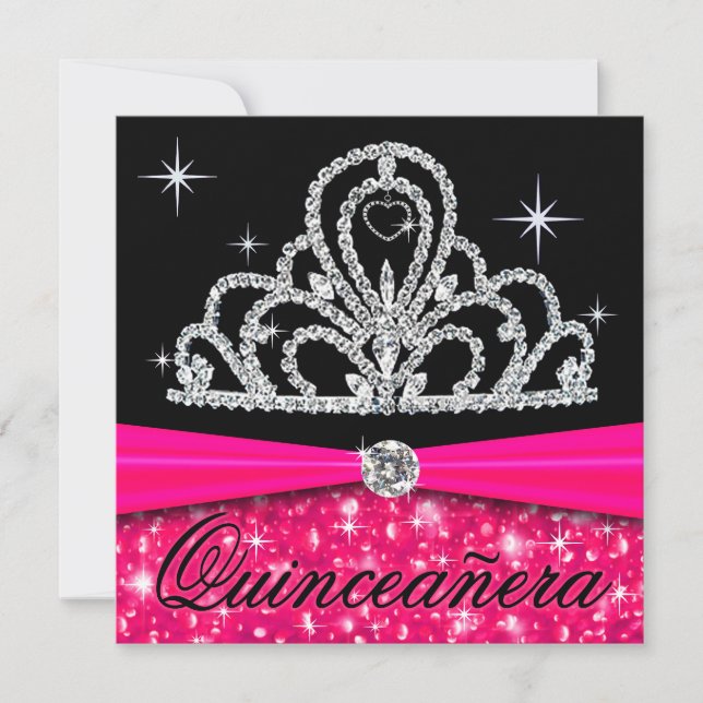Convite Fuschia Black Quinceanera Princesa Tiara Bling (Frente)