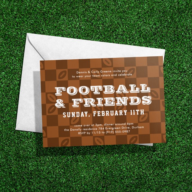 Convite Futebol Checkerboard Big Game Watch Party (Football party invitation in pigskin with a fun brown checkerboard pattern)