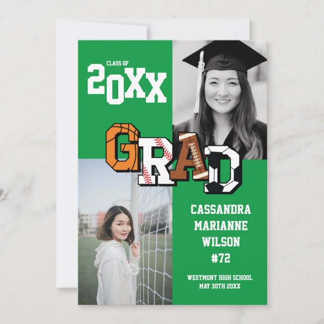 Convite Futebol de basquete de futebol verde de graduação  (Frente)