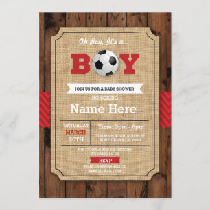 Convite Futebol de Chá de fraldas Red Boy Wood convidado