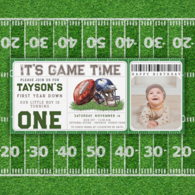 Convite Futebol Primeiro Ano Down 1º Bilhete de Foto de An (Football First Year Down 1st Birthday Photo Ticket Invitation
)