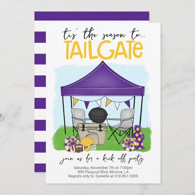 Convite Futebol Tailgate Roxo Mudança Dourada em QUALQUER  (Frente/Verso)