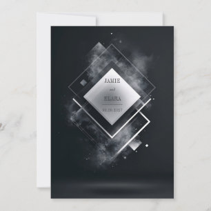 Convite Futurista Preto Branco Geométrico Diamante Fumê