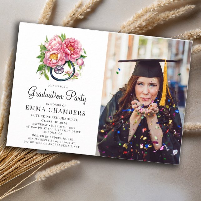 Convite Futuro Enfermeiro Stethoscope Graduação Floral (Criador carregado)