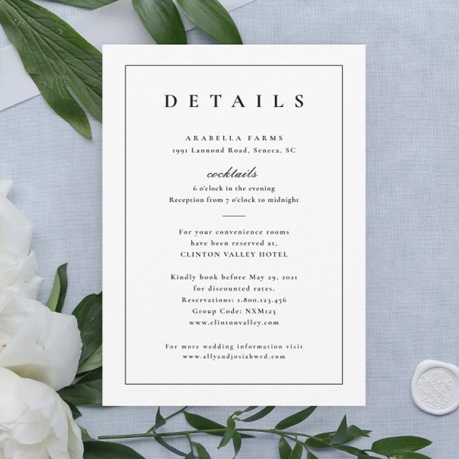 Convite Gabinete Clássico de Detalhes do Casamento Preto e (Elegant simple typography black and white wedding details enclosure cards.)