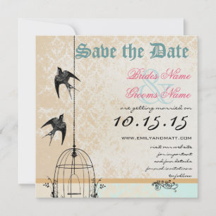 Convite Gaiola de Pássaros Coral Damask Casamento Save the