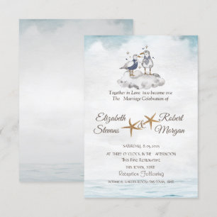 Convite Gaivotas de Aquarela Apaixonadas Casamento na Prai