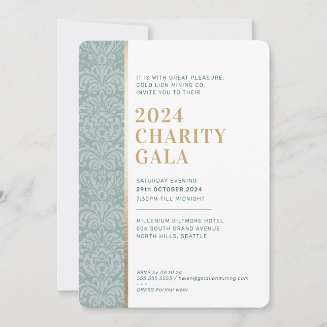 Convite GALA BALL elegante damasco verde escuro dourado (Frente)