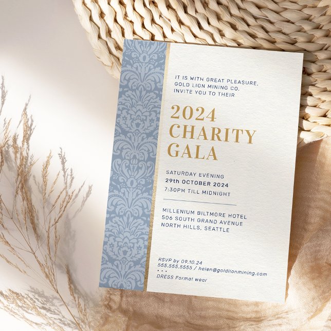 Convite GALA BALL simples e elegante damasco azul escuro (Criador carregado)