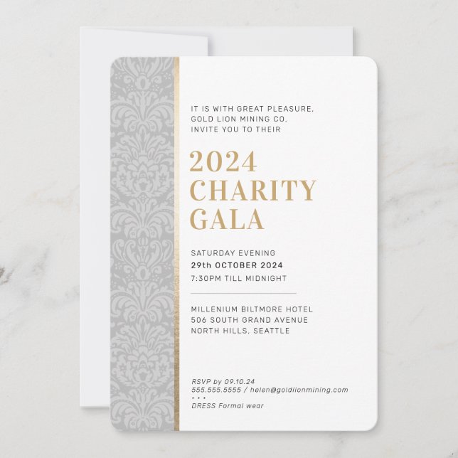 Convite GALA BALL simples, elegante, cinza de ouro (Frente)
