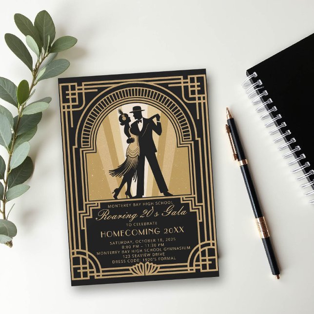 Convite Gala da Escola de Acolhimento do Baile de formatur (homecoming prom school event invitation roaring 20s gatsby flapper dancing black gold)