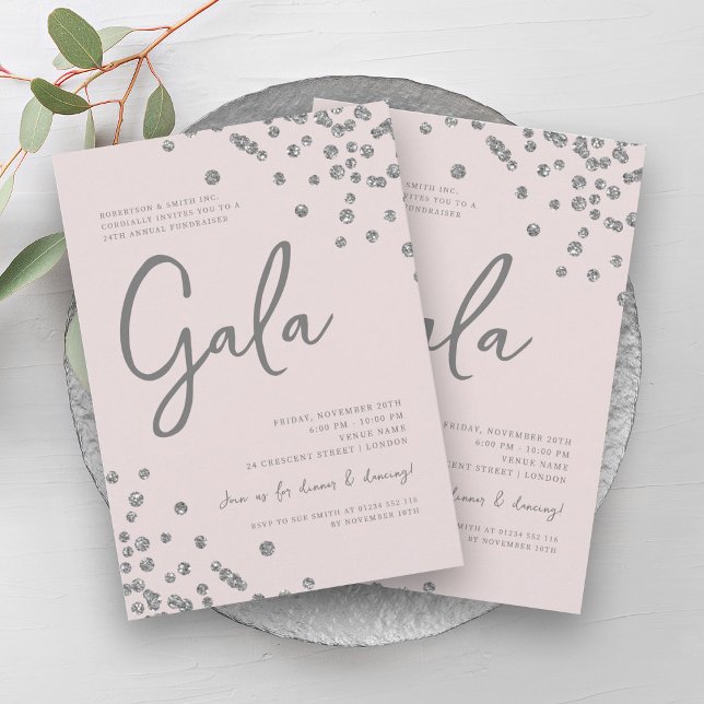 Convite Gala de Silver Confetti Blush, Formal, rosa (Formal Corporate Gala Silver Confetti Blush Pink Invitation)