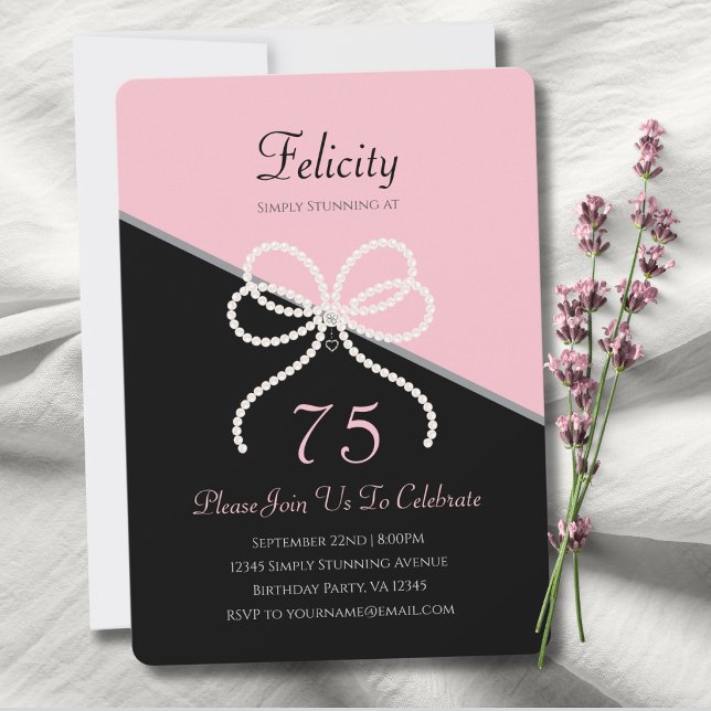 Convite Gala dos 75 anos da Chic Simplesmente Impressionan (Invite guests to a Chic 75th Gala with this elegant pink & black pearl bow invitation.)