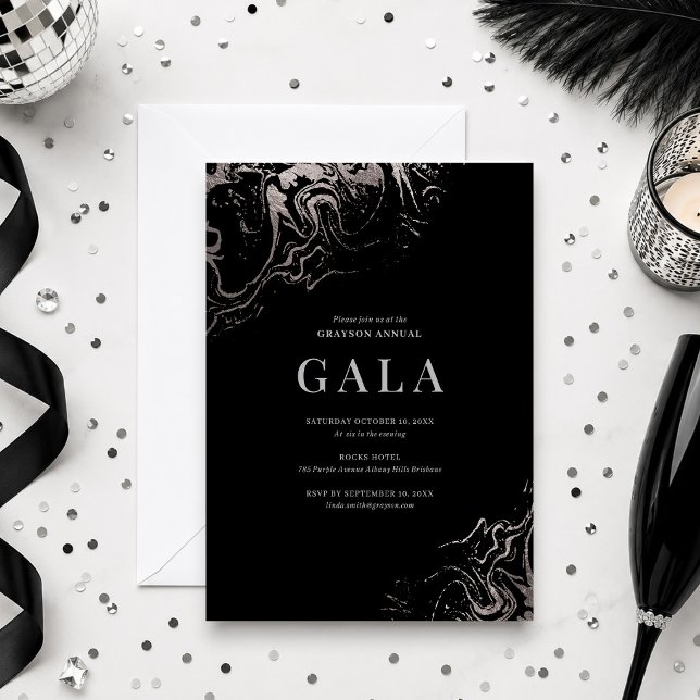 Convite Gala Elegante com Efeito de Mármore Prateado (Criador carregado)